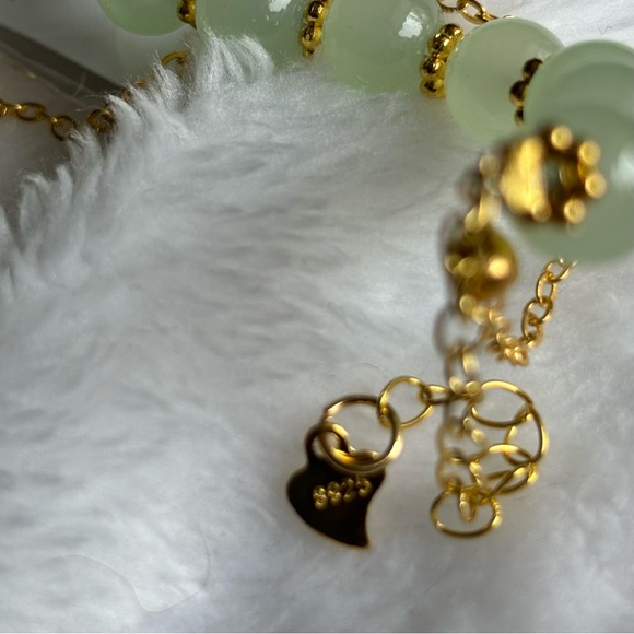 GREEN JADE/925 GOLD TRADITIONAL CHINESE BRACELET W/ JADE LOTUS DROP - Picture 5 of 11